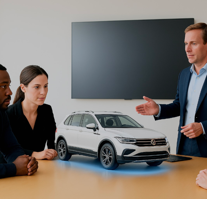 A salesman selling with a car hologram in front of them