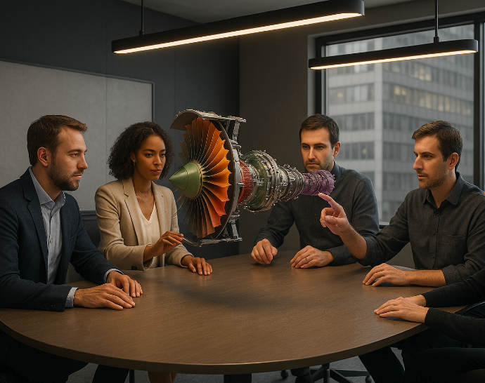 A meeting with a hologram of an engine