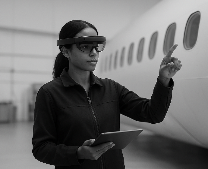 A woman inspecting a plane with a mixed reality headset