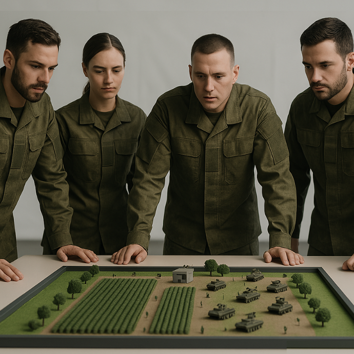 A defense meeting with a tactical sandbox