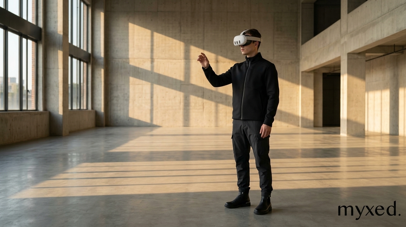Opérateur industriel en formation réalité mixte sur ligne de production, casque Meta Quest 3