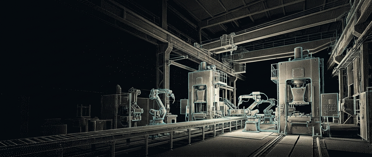 Nuage de points 3D représentant la reconstruction spatiale d’un environnement industriel par intelligence spatiale Myxed