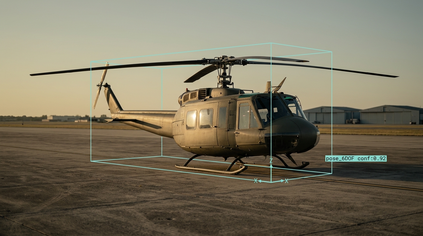Hélicoptère instrumenté avec axes de position et d’orientation 3D, visualisation de l’estimation de pose 6DOF par vision IA