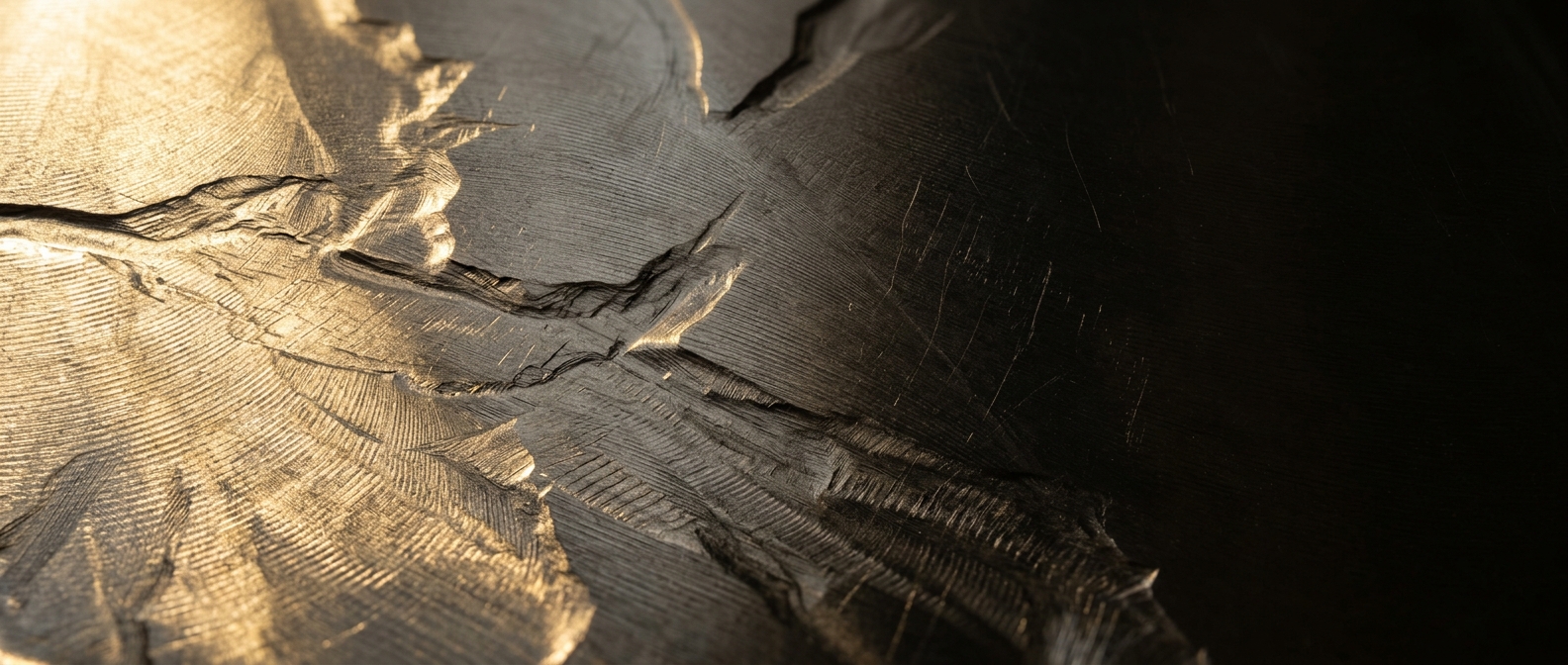Surface métallique aéronautique révélée par lumière rasante, micro-textures visibles en clair-obscur